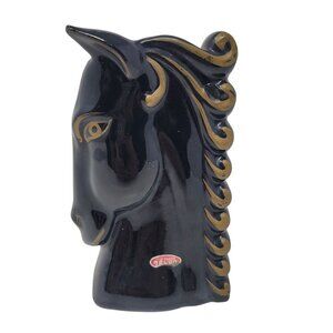 Vtg Black Stallion White Stripe Curled Mane Horse Head Vase Art Deco Style Relco